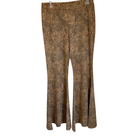 Baha Ranch Western Wear Tan Paisley Flare Boho Faux Suede Pants Size Large - Picture 1 of 13